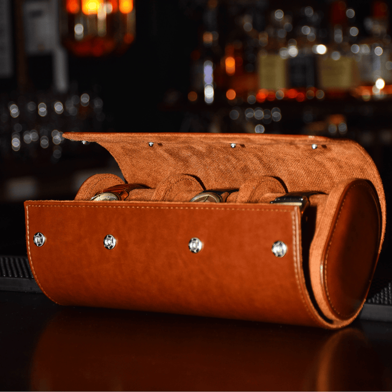 Étui de voyage compact pour trois garde-temps en simili cuir marron