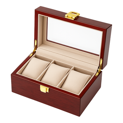Coffret à montres 3 emplacements, bois rouge, fermeture dorée