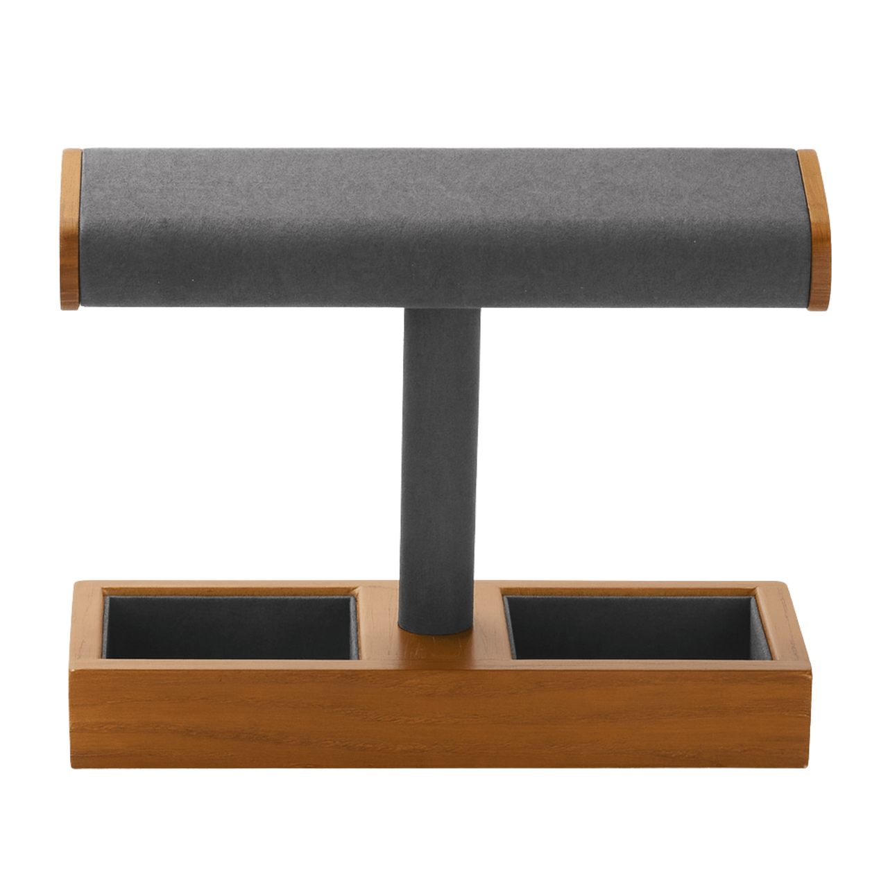 Support montres bois noyer, coussinet cuir gris, design minimal