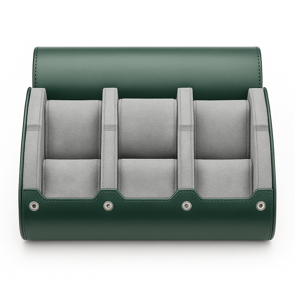 Étui 6 montres cuir vert, doublure douce, fermeture à boutons