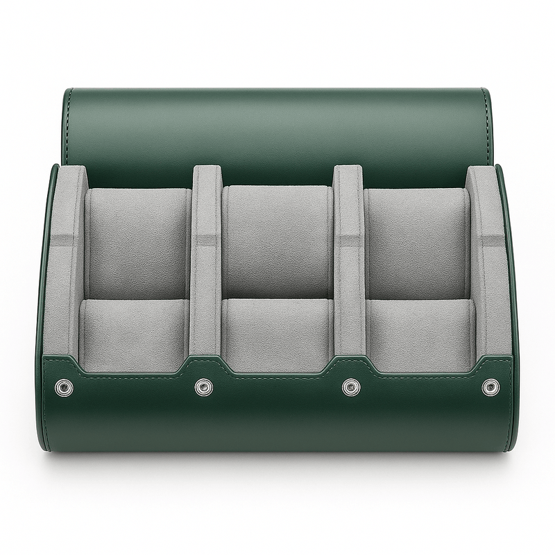 Étui 6 montres cuir vert, doublure douce, fermeture à boutons