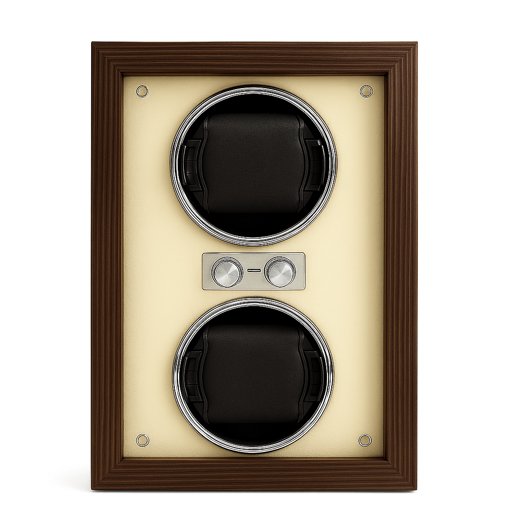 Coffret remontoir 2 montres, façade beige, boîtier bois verni