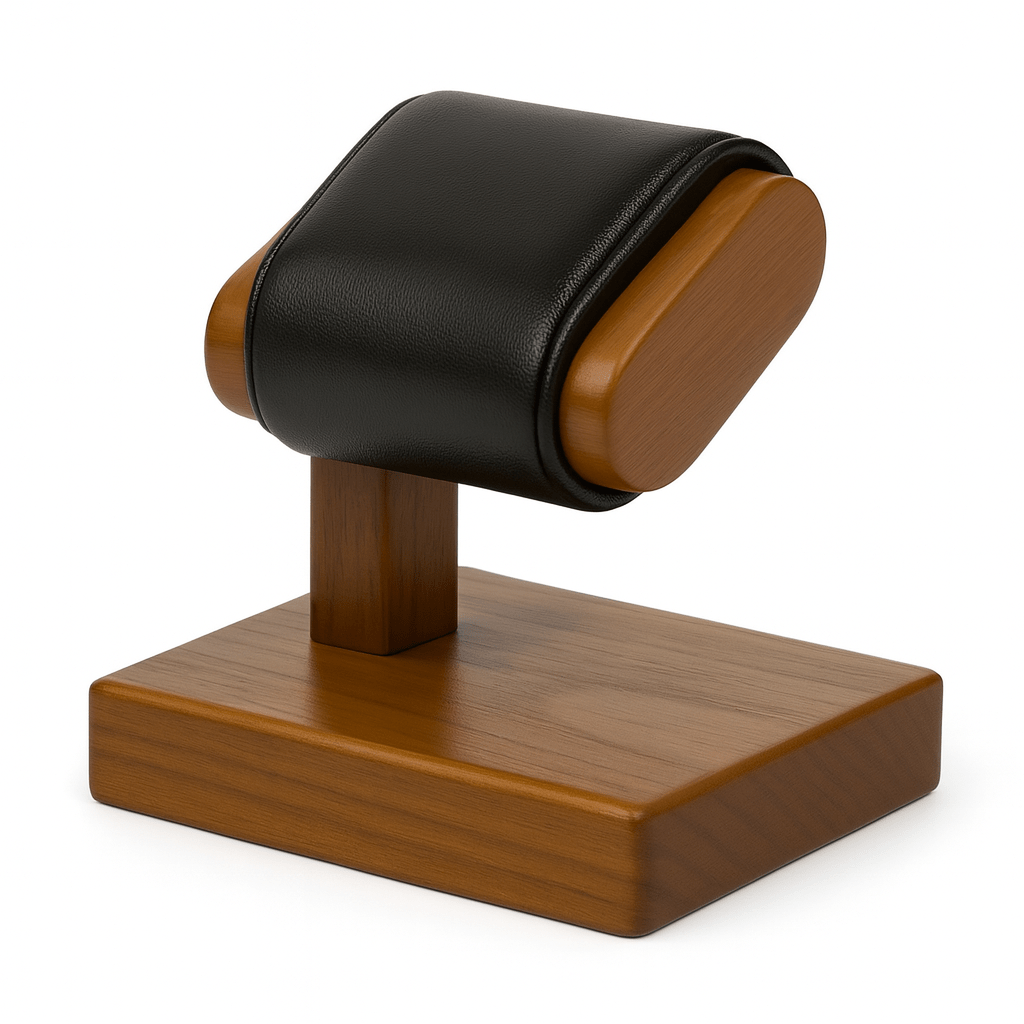 Support montre design en bois et cuir, accessoire horloger premium