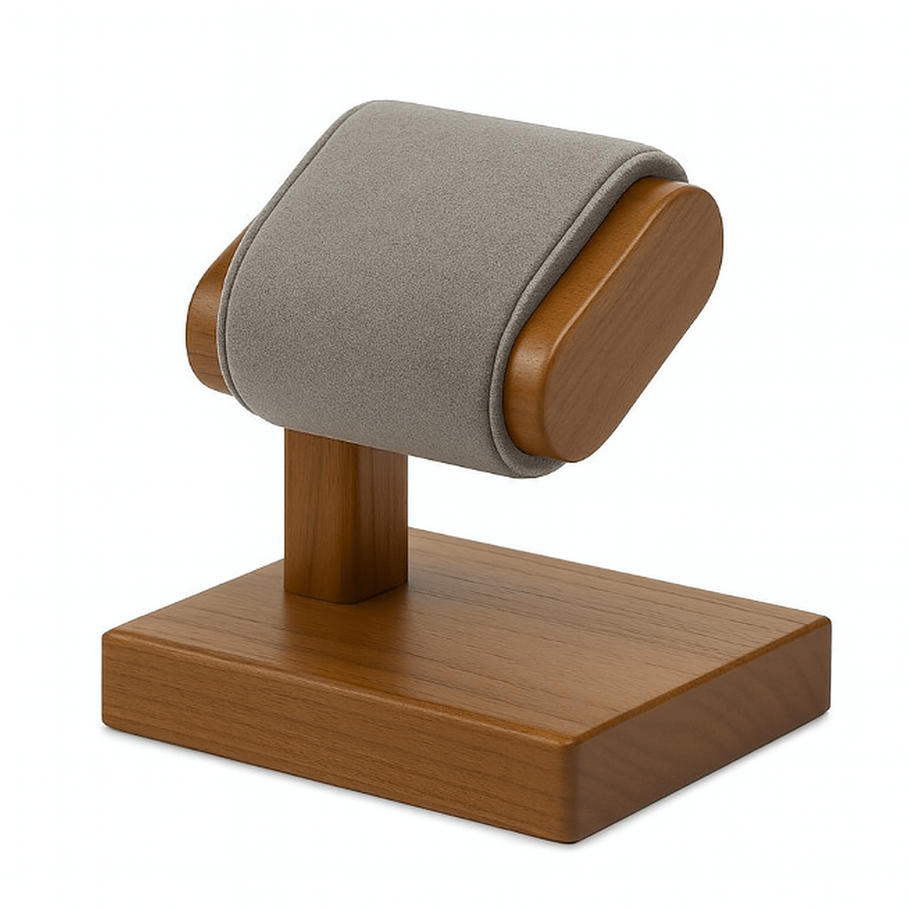 Présentoir montre bois et velours gris, exposition chic et moderne