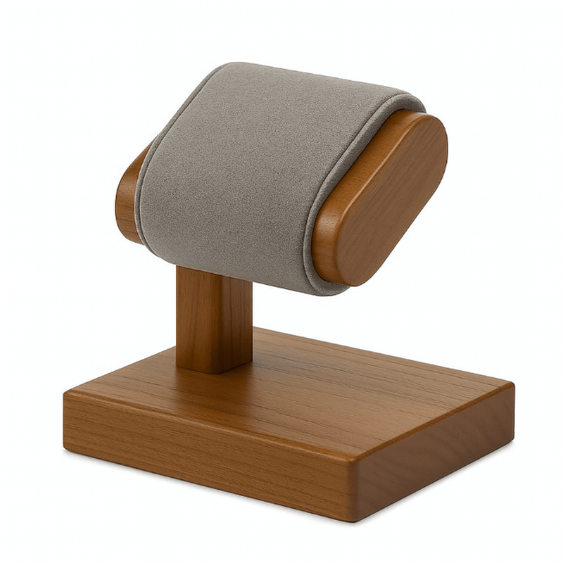 Présentoir montre bois et velours gris, exposition chic et moderne